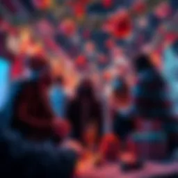 Group of crypto enthusiasts celebrating the holiday season with decorations and discussions about cryptocurrency