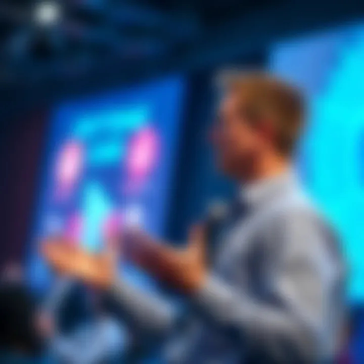 A prominent cryptocurrency CEO giving a speech at a conference, addressing industry challenges and future prospects.