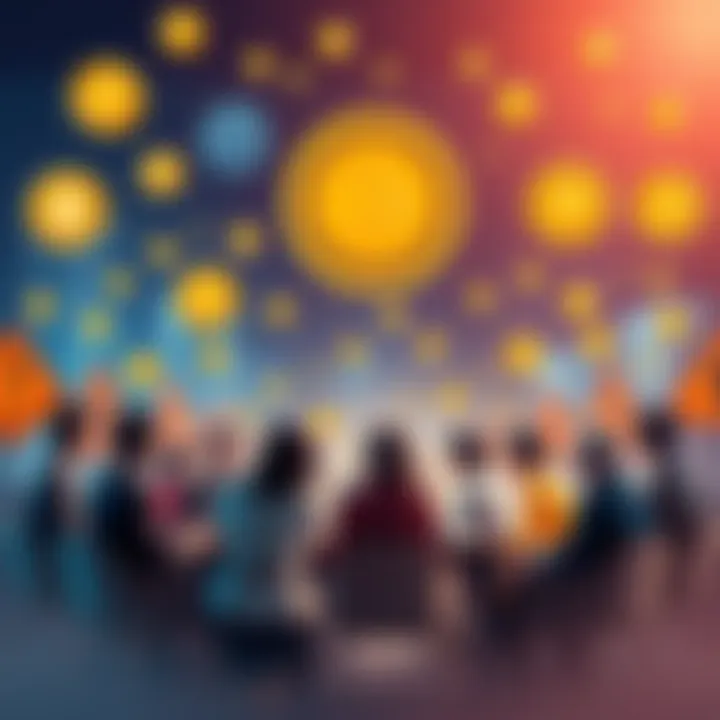 A group of people discussing cryptocurrency with caution, surrounded by symbols of digital coins and warning signs.