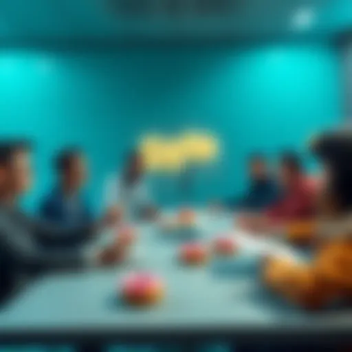 People discussing cryptocurrency trends with donuts on a table