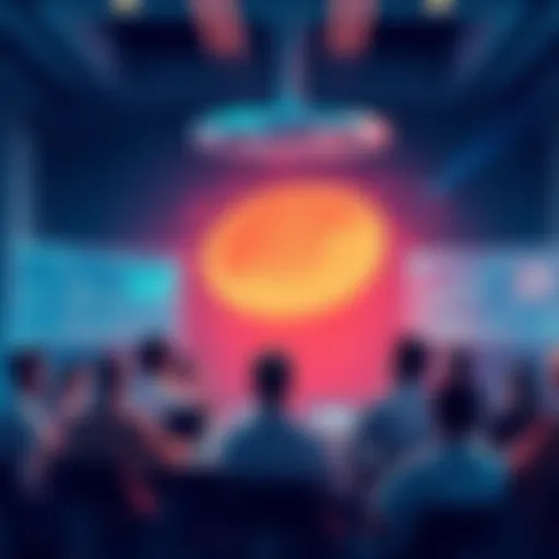 People engaging in a lively discussion about cryptocurrency with charts and graphs on screens