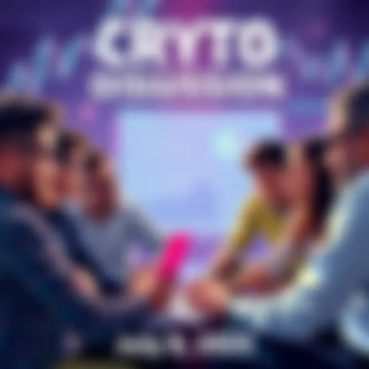 A group of people engaged in a lively discussion about cryptocurrency, sharing tips and warnings about scams, with a laptop and charts visible.