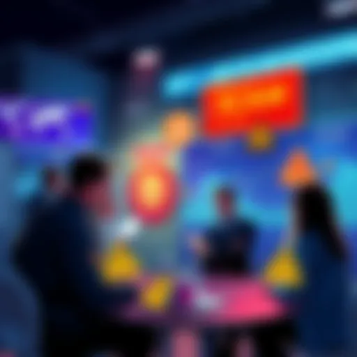 Graphic showing people engaging in crypto discussions with charts and warning signs about scams