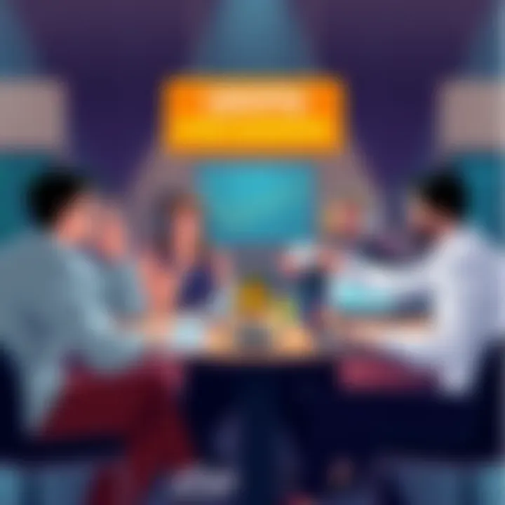 A group of people discussing cryptocurrency trends, with laptops and charts on a table. One person points to a warning sign about scams.