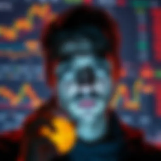 A person looking at a Bitcoin chart with a concerned expression, surrounded by financial graphs and charts, symbolizing uncertainty in cryptocurrency investing.