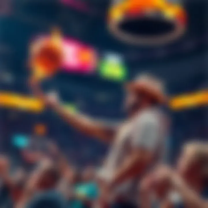 A crypto enthusiast throwing a colorful object at a WNBA game, surrounded by cheering fans.