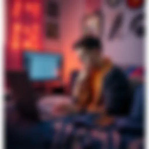 A young man streaming live in his room, looking worried while checking his bank account on a laptop.