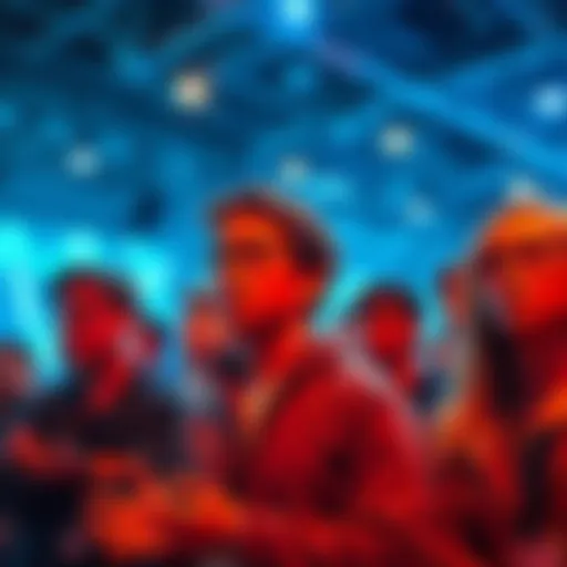 A group of people at a cryptocurrency event, looking alert and discussing security tips to protect their investments.