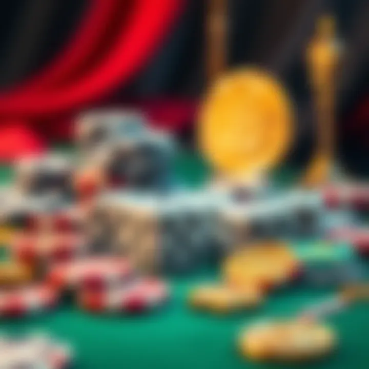 A depiction of casino elements such as dice and chips alongside cryptocurrency symbols representing the gamble in crypto investments.