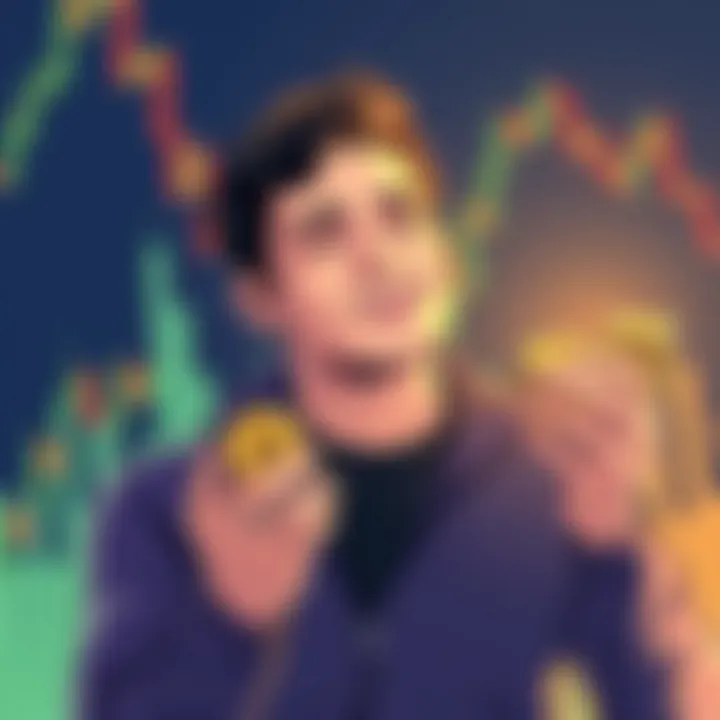 An illustration showing a person holding coins with a relaxed expression, symbolizing the strategy of holding profits in cryptocurrency investments, amidst a fluctuating market graph in the background.