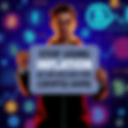 A person holding a sign that reads 'Stop Using Inflation as an Excuse for Crypto Hype', surrounded by images of cryptocurrency symbols and inflation graphs.