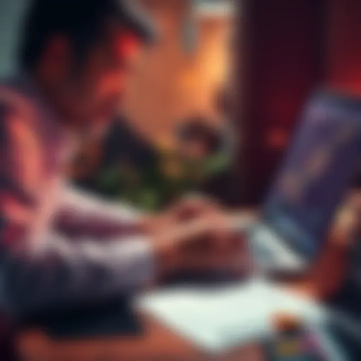 A person looking at cryptocurrency charts on a laptop with notes and a calculator nearby, contemplating investment strategies.
