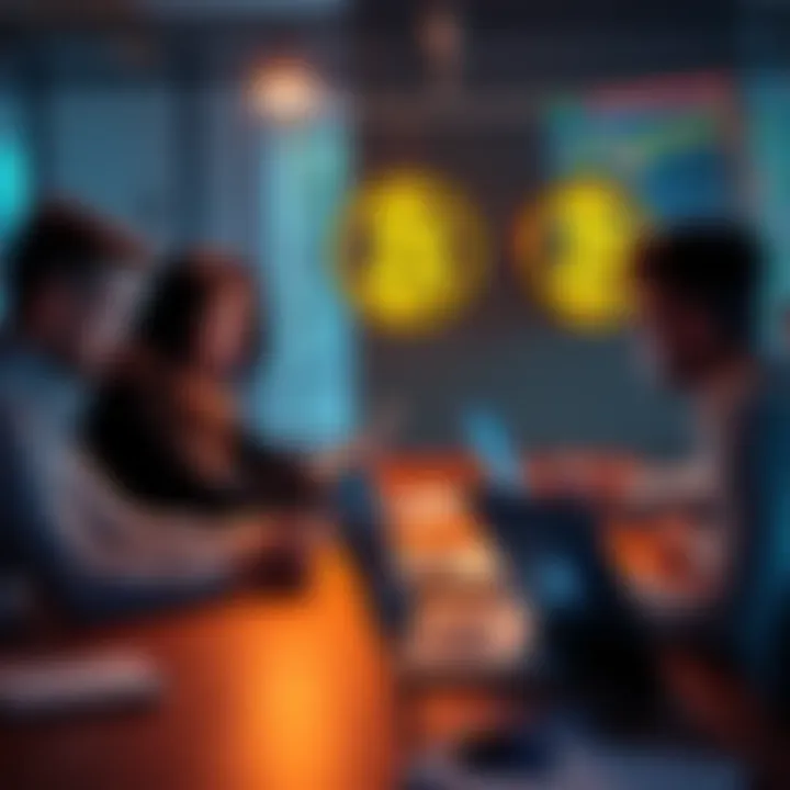 People discussing Bitcoin and XRP investments at a table with laptops and charts