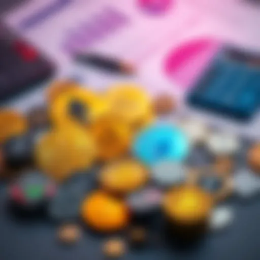 A diverse selection of cryptocurrency coins including Bitcoin, Ethereum, and altcoins on a table with a calculator and financial documents in the background.