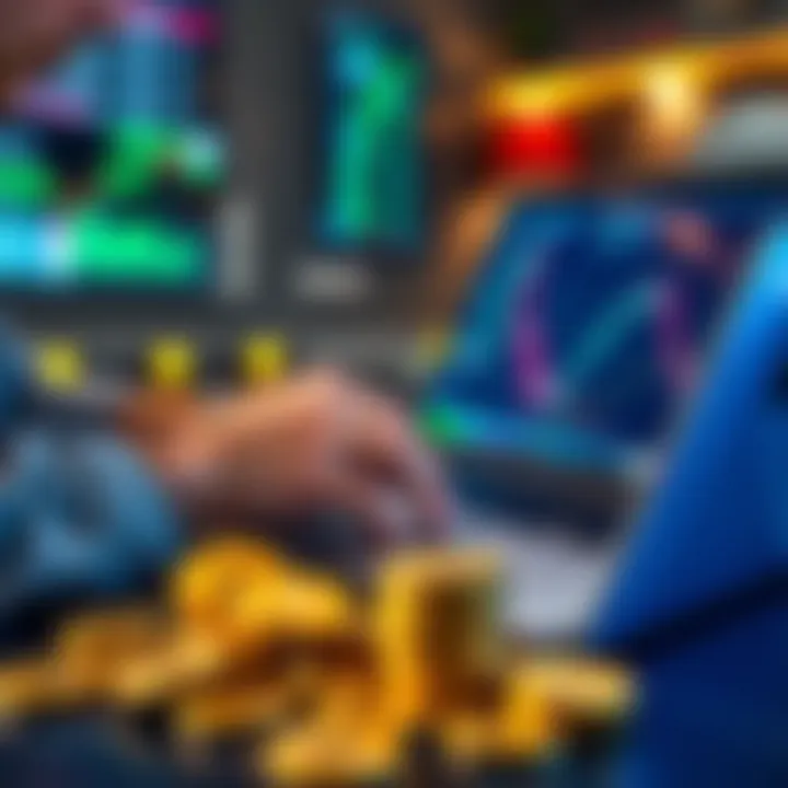 A person analyzing cryptocurrency charts on a laptop, with coins in the foreground, representing the blend of data analysis and investment decisions.