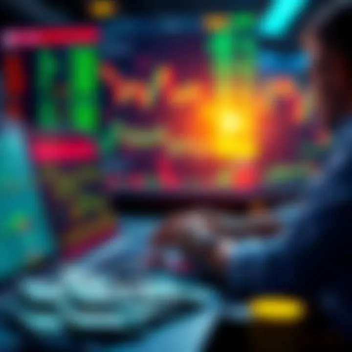 A person analyzing cryptocurrency charts on a laptop with financial graphs and dollar bills in the foreground, looking focused on quick profits.