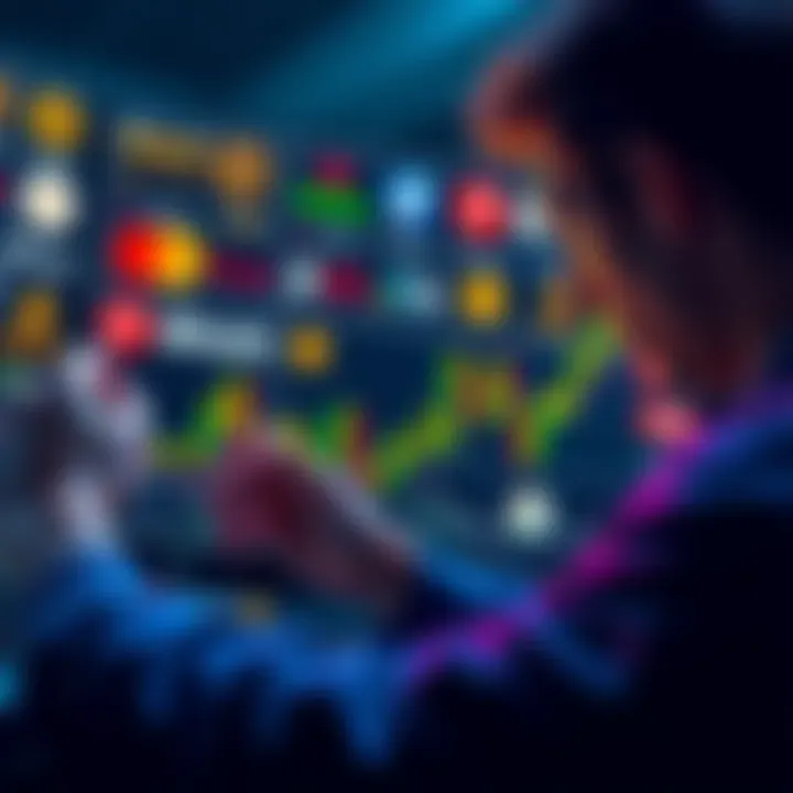 A person analyzing cryptocurrency charts with popular exchange logos in the background, representing Dollar Cost Averaging strategies.