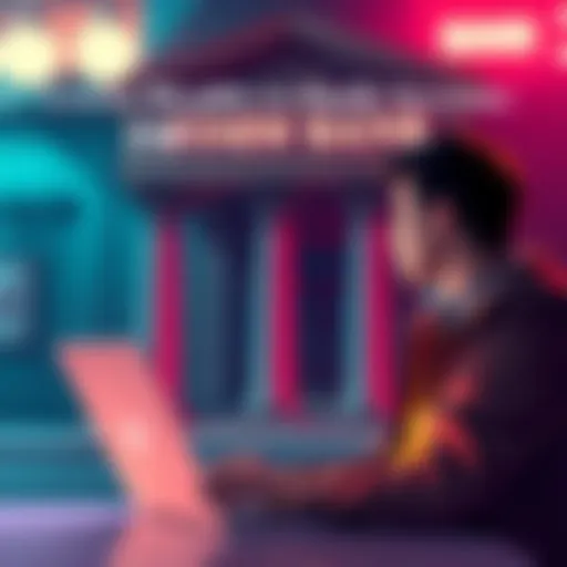 A person with a laptop showing cryptocurrency charts, looking frustrated in front of a bank