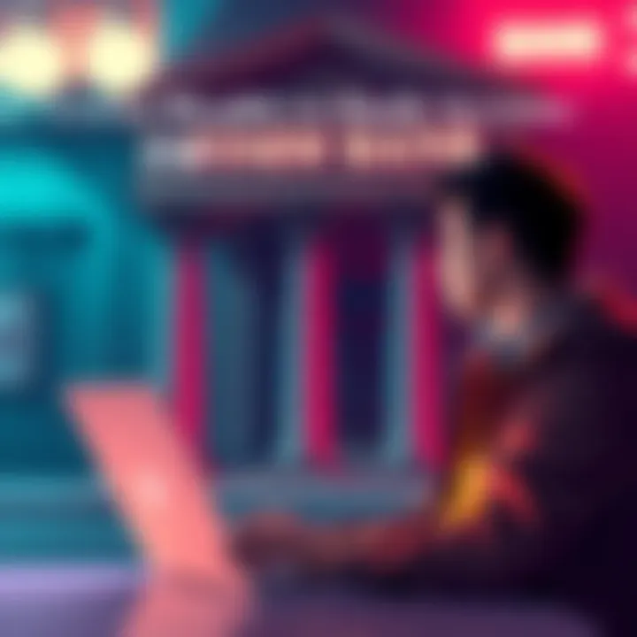 A person with a laptop showing cryptocurrency charts, looking frustrated in front of a bank