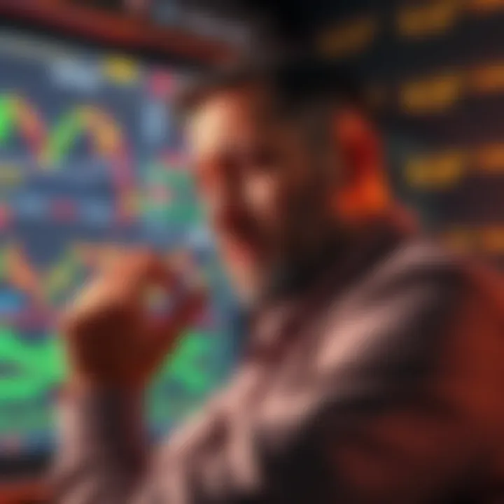 A distressed crypto investor looks at financial charts, showing a significant loss after a stop loss was triggered. He appears worried about his future, emphasizing the impact of market volatility and bad advice from forums.