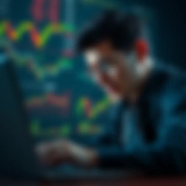 A person looking at cryptocurrency charts on a laptop, showing expressions of concern and contemplation about investment choices.