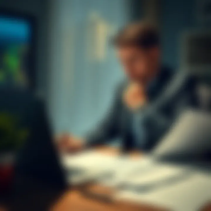 Crypto Investor Concerned About Taxes A worried crypto investor sitting at a desk with a laptop, looking at financial documents related to unpaid capital gains tax.