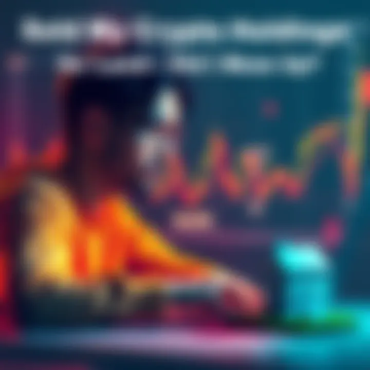 A person looks thoughtful while reviewing crypto charts on a laptop, with a house blueprint and a small piece of land next to them.