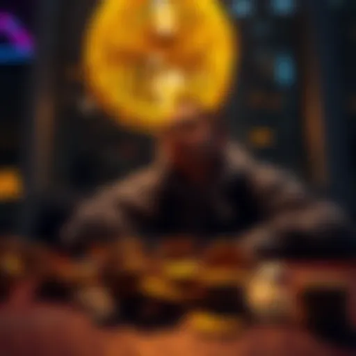 A person contemplating cryptocurrency investments with tokens and NFTs on a table, showing a mix of excitement and caution.