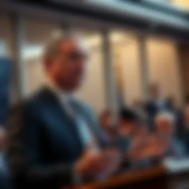 A government official announces ruling on crypto liquid staking, with people in the background looking interested.