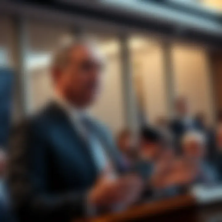 A government official announces ruling on crypto liquid staking, with people in the background looking interested.
