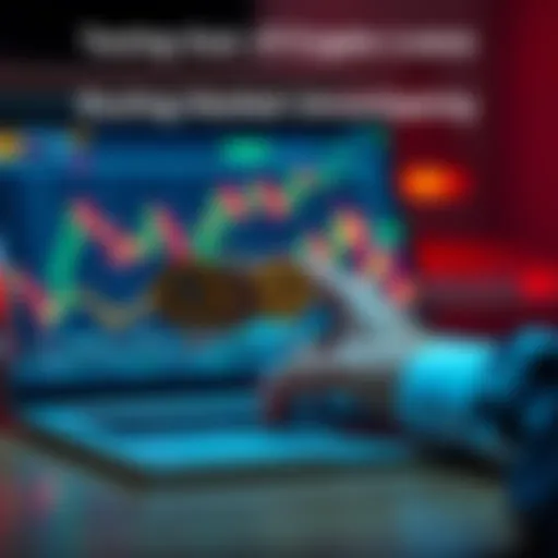 A person holding Ethereum coins while looking at financial charts showing market fluctuations on a laptop screen.