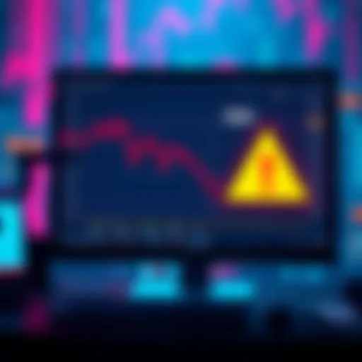 A graphic showing a computer screen displaying declining crypto values and a warning symbol related to hacks and security risks.