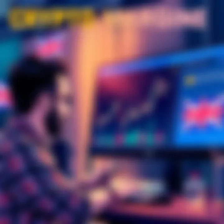 Illustration showing a person analyzing crypto charts and trading options on a computer screen with UK flags in the background.