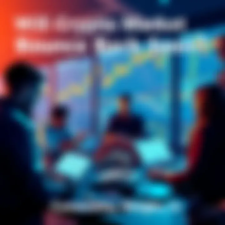 Crypto Market Discussion Group of people discussing cryptocurrency trends with charts and laptops