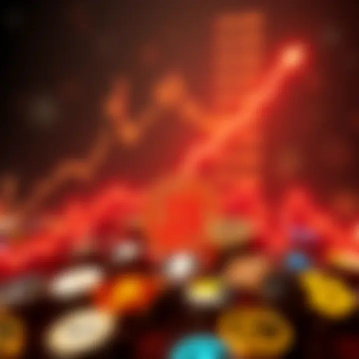 A graph showing a steep decline in cryptocurrency values with Bitcoin and Ethereum logos at the bottom, surrounded by various altcoin logos fading away.