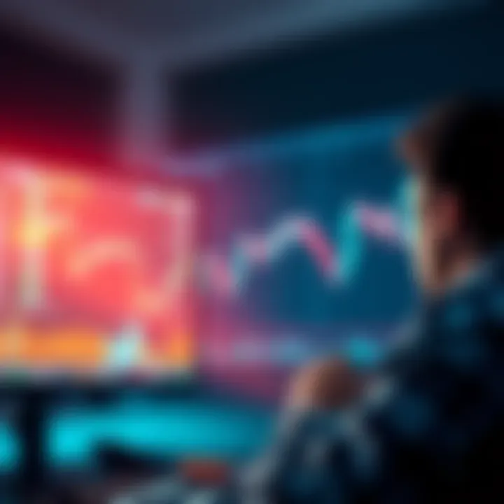 A stock market chart showing a steep decline in cryptocurrency values with a worried investor looking at the screen.