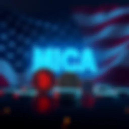 A digital representation of the MiCA framework with symbols of cryptocurrency and a backdrop of the U.S. flag, illustrating the contrast in regulations.