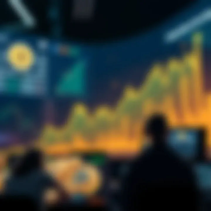 A visual representation of a flat cryptocurrency chart signifying no growth, with images of coins and worried investors looking at screens.