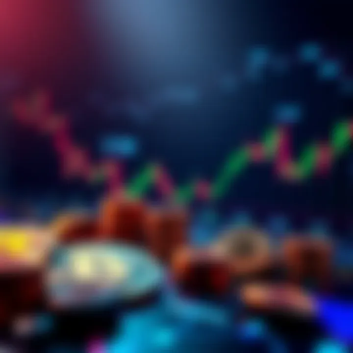 A digital representation of fluctuating cryptocurrency prices with graphs and coins.