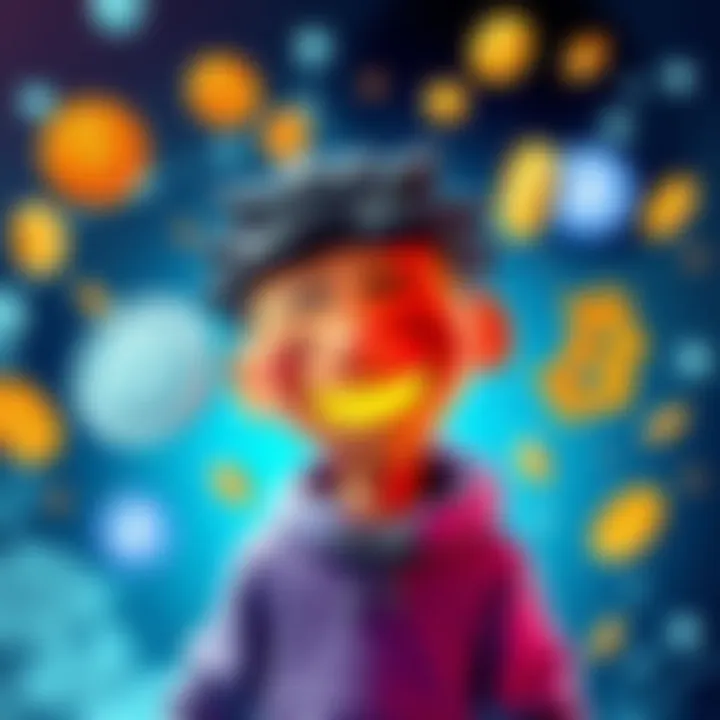 A funny character representing a viral crypto meme laughing, surrounded by symbols of digital currency.