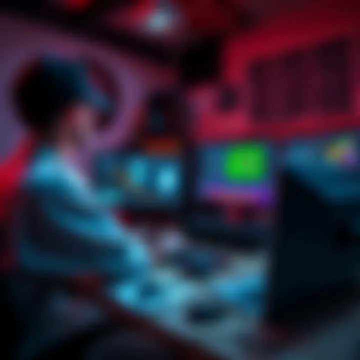 A person working on a cryptocurrency mining rig with multiple GPU cards and a computer setup in a home office