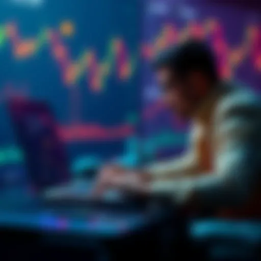 A person analyzing a cryptocurrency portfolio on a laptop with charts and coins in the background