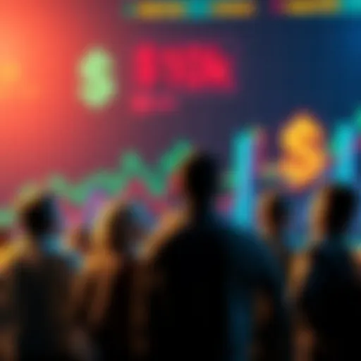 Group of people discussing cryptocurrency predictions with graphs and dollar signs in the background