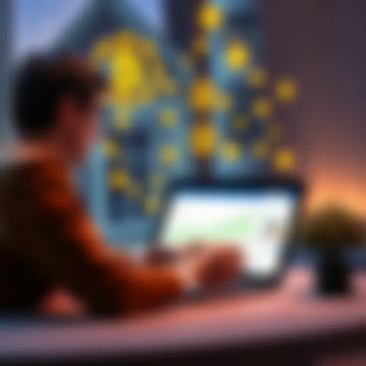 A person analyzing property listings on a laptop with cryptocurrency icons in the background, symbolizing DeFi borrowing.