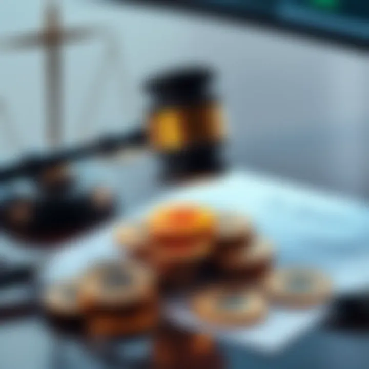 A gavel placed on a table with cryptocurrency coins and a legal document, symbolizing tightening regulations on crypto communities.
