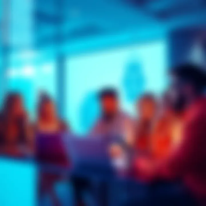 A group of people discussing cryptocurrency safety with laptops and phones, sharing tips and advice.