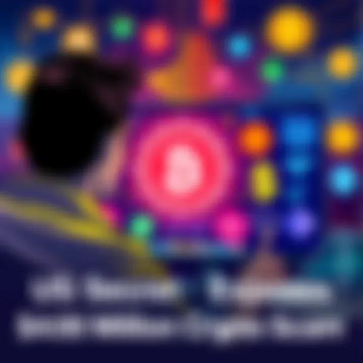 Illustration of a person looking at a computer screen displaying crypto logos and dollar signs, symbolizing a scam