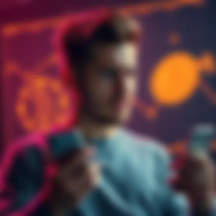 A crypto enthusiast looking stressed while holding a phone, with a digital wallet graphic in the background