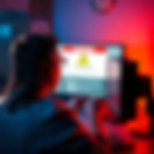 A graphic depicting a person looking shocked while viewing a computer screen with a warning about crypto scams