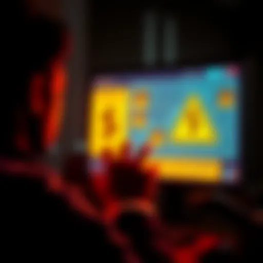 A graphic showing a person looking at a computer screen with dollar signs and warning signs, representing crypto scams like rug pulls and fake influencers.